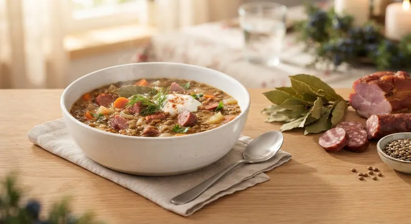 Újévi lencsefőzelék fehér kerámiatálban, füstölt hússal és babérlevéllel